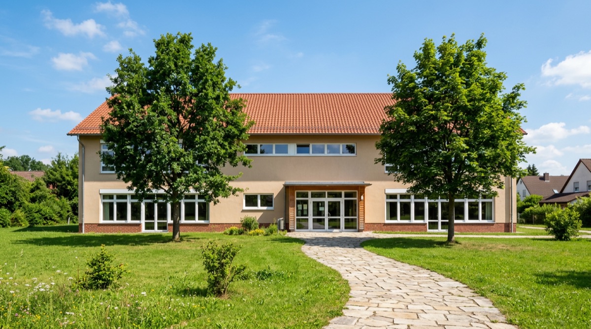 Fotorealistische Ansicht eines Schulgebäudes mit Bäumen und Wiese — vollständig am Computer erzeugt